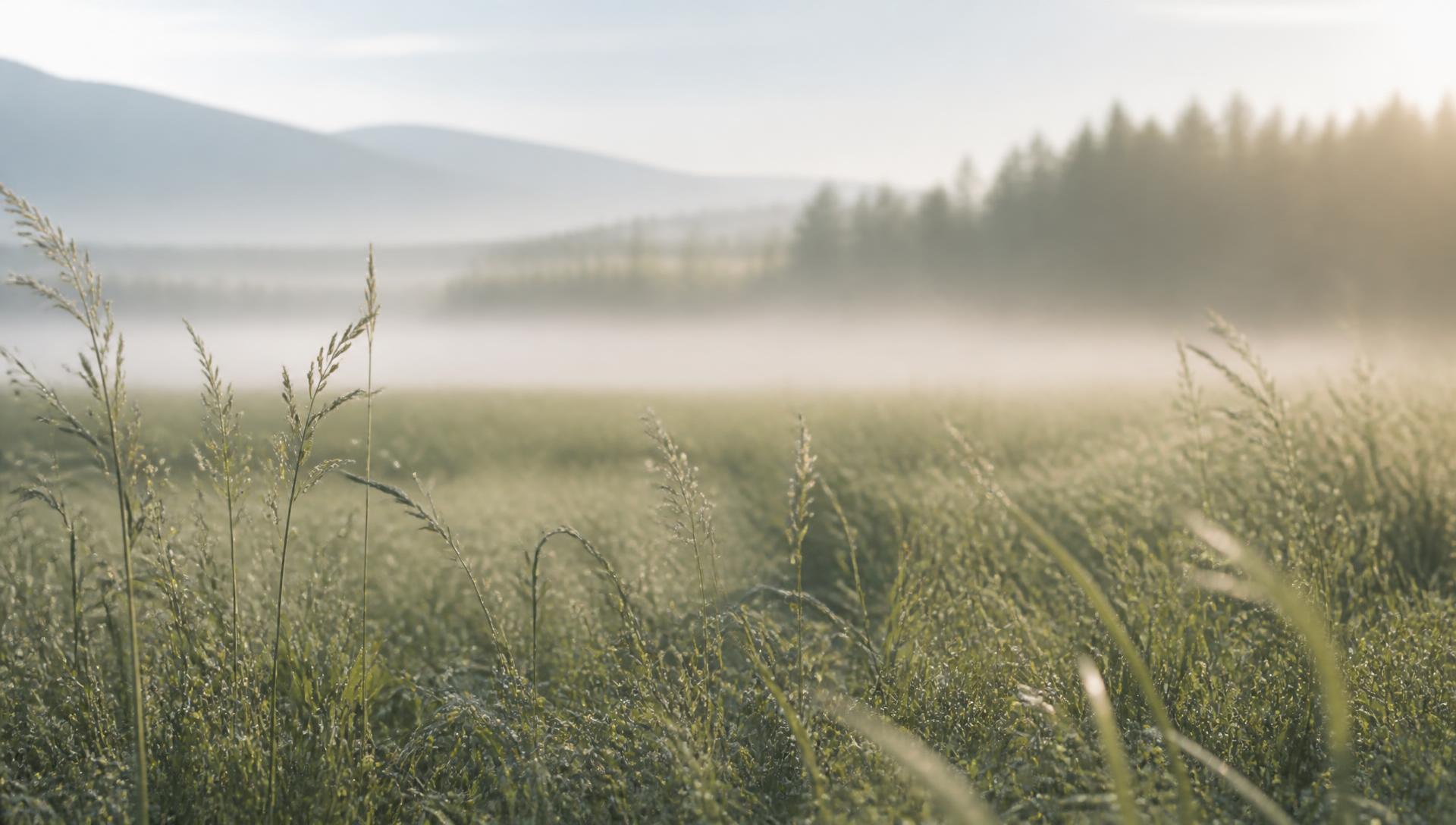 Morning mist drifting across a quiet meadow at sunrise